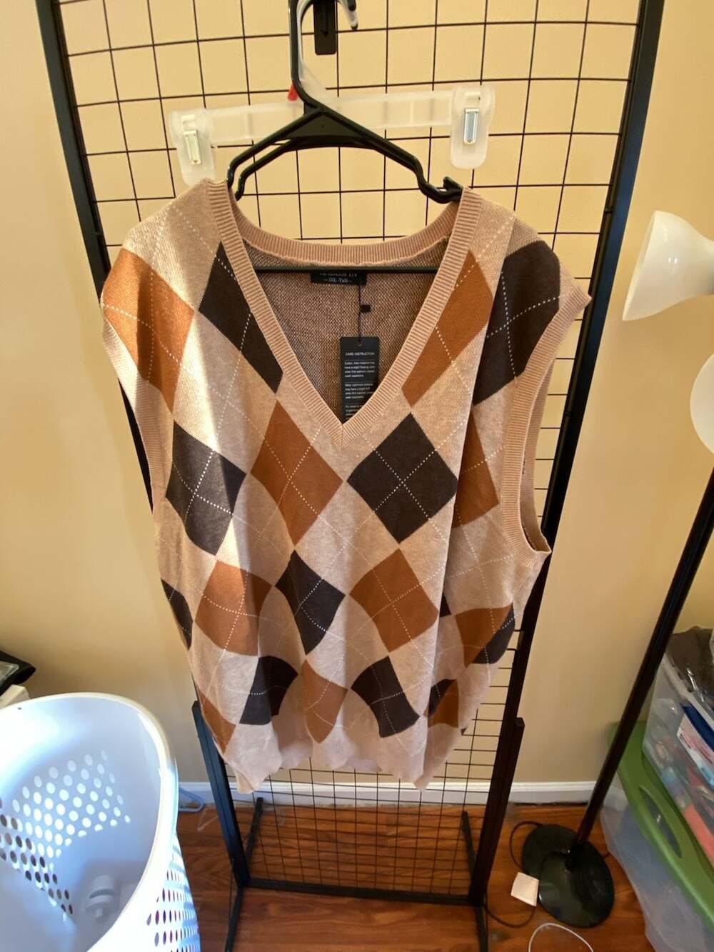 Kallspin Men's Argyle V-Neck Sleeveless Sweater Vest Brown Beige 3XL Tall
